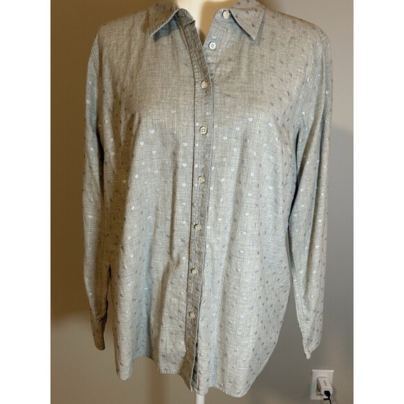 TALBOT’S Women’s Top Large Gray Silver Heart Print Button Front Shirt - Picture 1 of 8